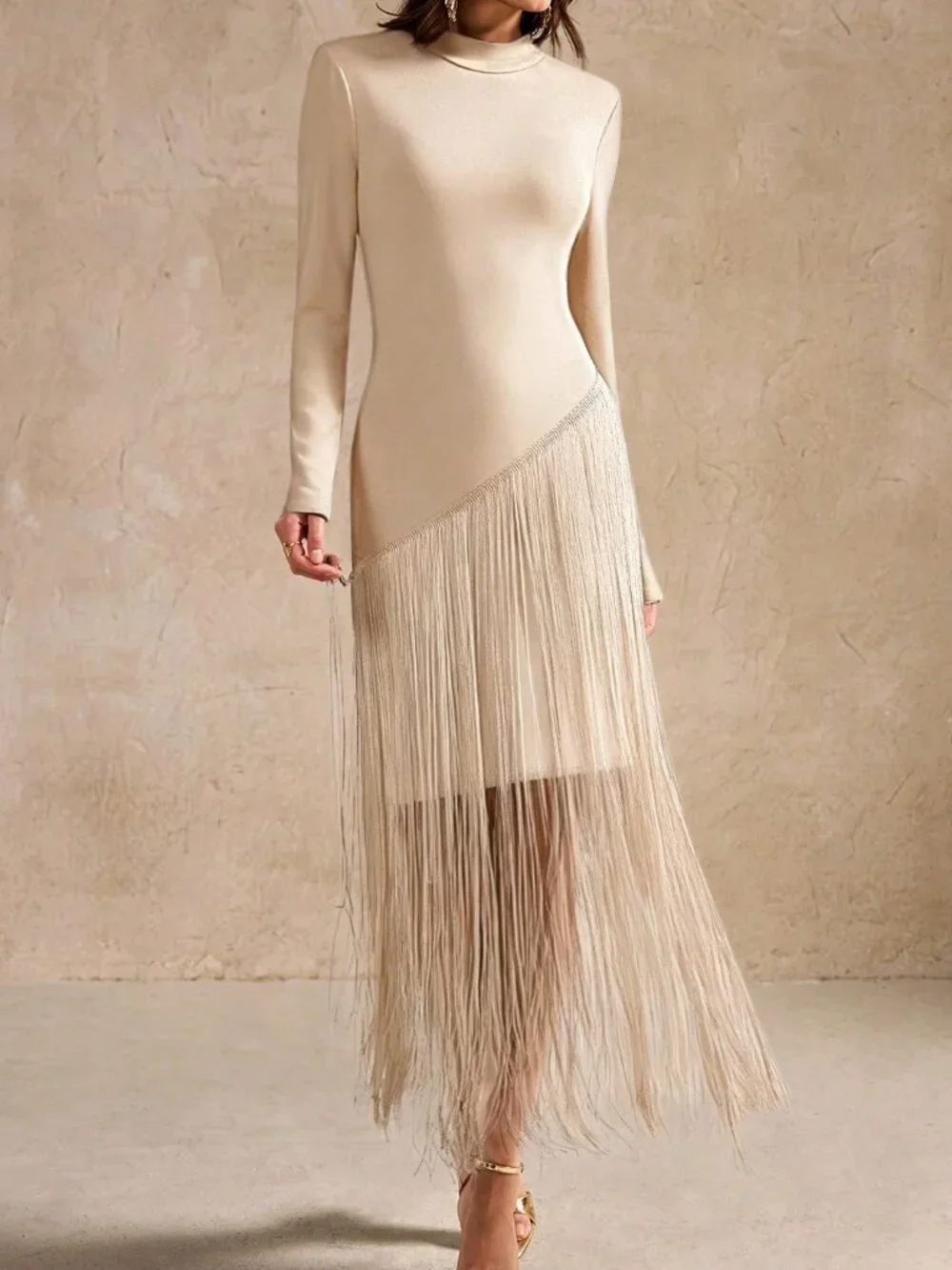 Champagne Elegant Women's Tassel Turtleneck Long Sleeve Dress, - Picture 3 of 5